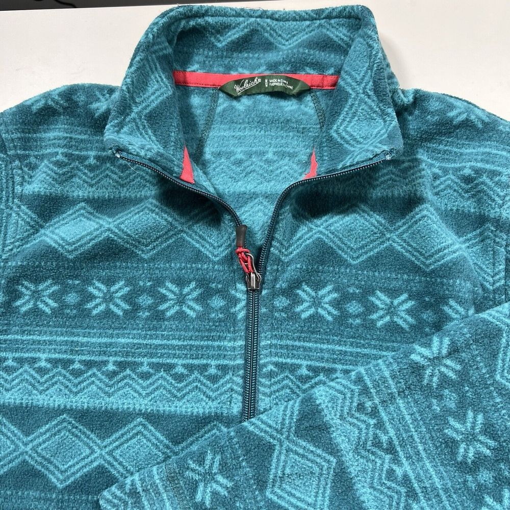 Woolrich Womens Full Zip Fleece Jacket Deep Atlantic Teal Fair Isle Geometric M